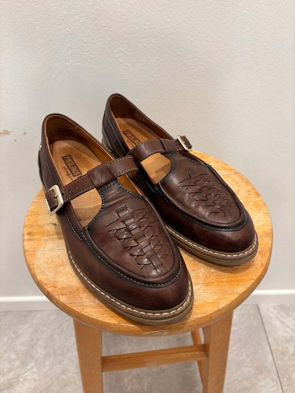 PIKOLINOS Aldaya Woven Leather T-Strap Mary Jane Loafers Brown Size 39 US 8.5
